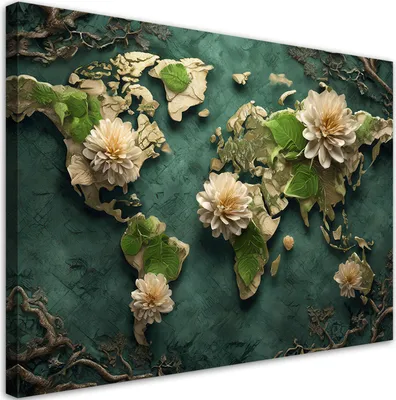 Produktbild von Leinwandbild Blumen Weltkarte Weiß 90x60 Feeby Grün bild für die wand bereit zum aufhängen