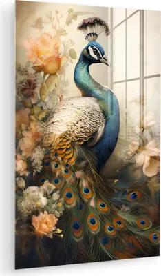Produktbild von MuchoWow Glasbilder - Bilder auf Wandbild - Foto auf Glas Pfau - Pfauenfedern - Blumen - Botanisch 20x30 cm Wanddekoration aus Glas - Acrylglasbild - Acrylbilder - Acrylglas