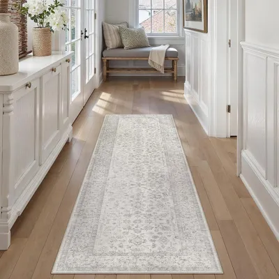 Produktbild von Waschbarer Läufer 60x180 cm, vintage grau, rutschfest, Blumenmuster, für Flur
