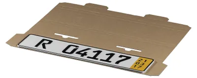 A cardboard packaging for a license plate.