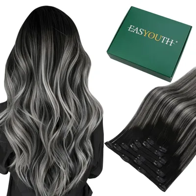 Image de Extensions de cheveux à clipser, cheveux naturels Remy, balayage noir sur argent, 70g, 35cm, lot de 7