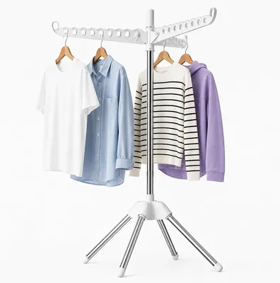 Image de Étagère à linge pliable avec 3 ailes, séchoir à linge rotatif pour cintres, pivotant à 360°, pour intérieur et extérieur, hauteur 150 cm (blanc)
