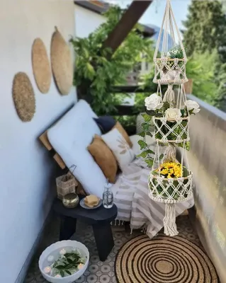 Produktbild von Boho-Handgeweverte 3-Etage-Hängematte mit Macramé-Blumenlampe und Kräutervorhang für Gemüse und Obst mit S-Haken