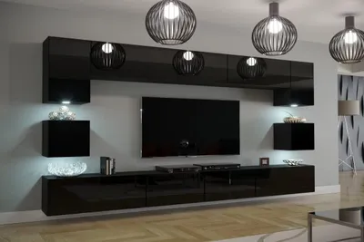 Produktbild von Furnitech Wohnwand Wohnzimmer - Wohnzimmer Möbel mit LED RGB - 16 Farben - Hängend Wohnwand Modern - Regale und TV Schrank (Nawara Schwarz)