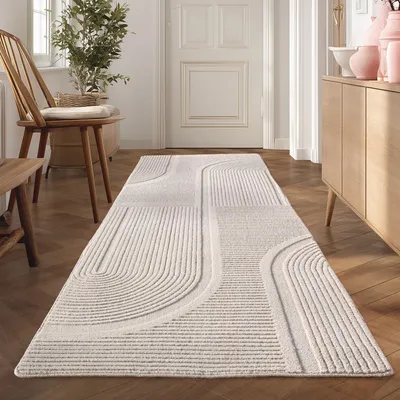Produktbild von Teppium Boho Teppich Skandinavischer Kurzflor mit 3D Effekt, Waschbar Teppich für Wohnzimmer, Grösse: 80x250 cm