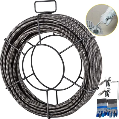 A drain cleaning snake coiled on a stand, with accessories like gloves and spray nozzles shown separately.