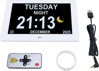 Zdjęcie produktu dla 8-calowy cyfrowy zegar z kalendarzem Wyświetlanie daty i godziny Konfigurowalny alarm Automatyczne przyciemnianie Obraz Odtwarzanie wideo Duży zegar cyfrowy