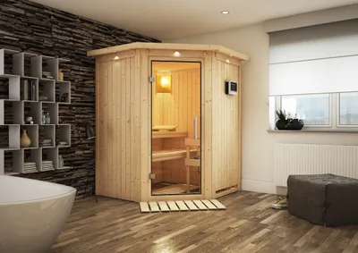 Produktbild von Karibu Sauna Innensauna Nanja Eckeinstieg Ofen 3,6 kW externe Strg.easy 165x165x202 cm mit Dachkranz  mit Klarglastür