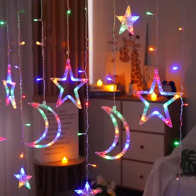 Zdjęcie produktu dla Kurtyna świetlna LED wewnętrzna 3x1M, lampki choinkowe z księżycem gwiazdkowym, 120 diod LED, lampki choinkowe zasilane bateryjnie, dekoracja ślubna balkonu z oknem imprezowym