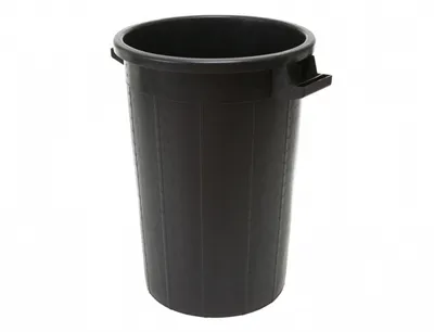 A black plastic trash can with handles, shown against a white background.