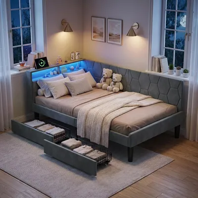 Obrázek produktu pro Postel INONEFT, čalouněná, rozkládací, 90x200 cm, dětská/jednolůžková postel s USB/C porty a LED osvětlením, rám postele s úložným prostorem (2 zásuvky) a roštem, samet, šedá barva