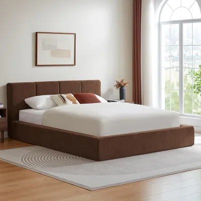 Obrázek produktu pro Postel LVHOM, rozměr 160x200 cm, čalouněná látkou chenille, s kovovým roštem a čelem, moderní dvoulůžko/mládežnická postel, komprimovaná, barva hnědá