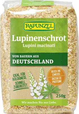 A bag of Rapunzel Lupinenschrot (ground lupins) with product information and branding.