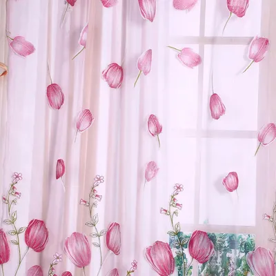 Obrázek produktu pro Záclona, tyl, růžová, vzor tulipánů, 100 x 200 cm