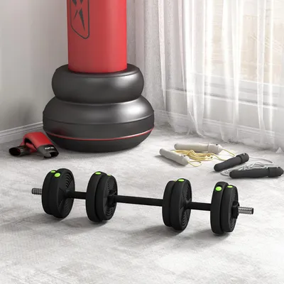 Produktbild von Hantelset 2-in-1 verstellbar 15 kg, Kurzhantel Langhantel, Stahl Kunststoff, Schwarz/Grün | 95 x 20 x 20 cm | rutschfester Griff | bodenschonend