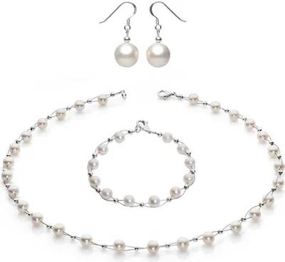 Produktbild von Perlenkette Collier Armband Ohrringe Schmuck-Set weiß echte Perlen Hochzeit Damen Frauen Brautschmuck