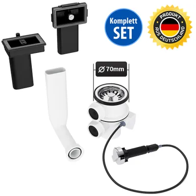 Produktbild von Spülenablaufgarnitur Ø70mm 1 1/2 Zoll mit Abtropfüberlauf Excenterventil + 2x Überlauf für Spüle
