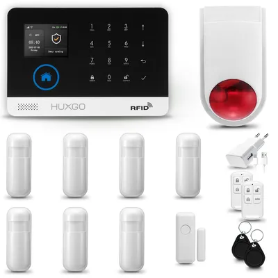 Produktbild von HUXGO HXA003 Alarmanlage Haus WiFi + GSM 4G mit Funk Sirene, Alarm Set mit 7x Bewegungssensor und 1x Tür- Fenstersensor, Alarm für Wohnung, Haus