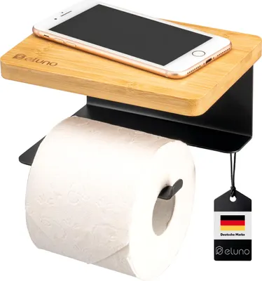 Zdjęcie produktu dla eluno VARAZ uchwyt na rolkę papieru toaletowego z bambusową półką, samoprzylepny uchwyt na rolkę papieru toaletowego, wykonany z czarnego metalu