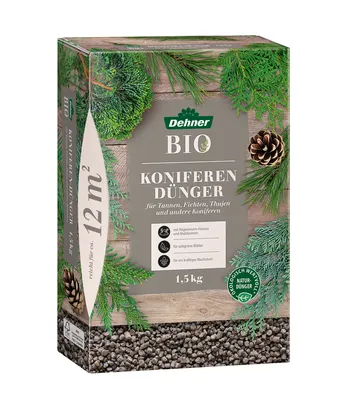 Produktbild von Dehner Bio Koniferendünger, hochwertiger Dünger für Nadelgehölze, organischer NPK-Dünger, mit Spurennährstoffen, ökologisch wertvoll, natürliche Langzeitwirkung, 1.5 kg, für ca. 12 qm