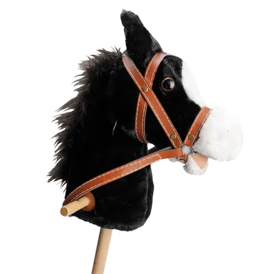 Image de Cheval de bois Planet Happy noir en peluche avec son - tige en bois - jouet classique
