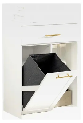 Produktbild von Badezimmerschrank mit Wäschekorb, Schublade und 2 Regalen - Kompakter Schrank in Weiß, 66x37x95 cm