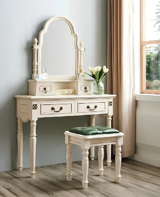 Immagine prodotto di Set tavolo da toilette Tavolo cosmetico Tavolo da toilette con specchio e sgabello in legno 2 pezzi.