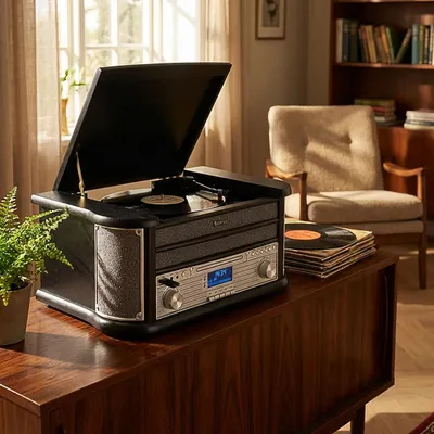 Imagen del producto de Radio retro Denver MRD-51 con DAB, reproductor de CD y tocadiscos, Imagen generada por IA