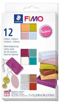 Obrázek produktu pro Staedtler FIMO 8023 C, Modelářská hlína, Černá, Modrá, Měděná, Zlato, Perleťová, Růžová, Růže, Stříbrná, Světle hnědošedá, Fialová, 12 kusů, 12 barva/barev, 110 °C, 30 min