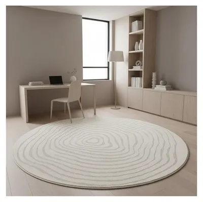 Produktbild von TapisTrend Designerteppich Creme 200 cm rund Moderner runder Teppich mit erhabenen, konzentrischen organischen Linien für Wohn- und Schlafzimmer