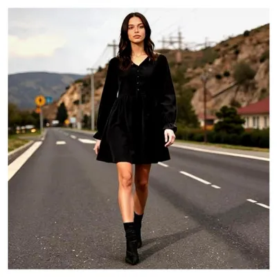 Produktbild von Minikleid Damen V-Ausschnitt Langarm Hemdkleid mit Knopfleiste und gesmokter Taille, knielang, A-Linie, Swing Kleid, Volant Blusenkleid, Maxikleid, Ballkleid, elegantes Partykleid