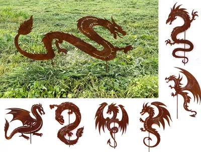Produktbild von Gartenfigur Drache schlängelnd 32x80cm + Erdspieße Edelrost Gartenstecker Wetterfest Rost Metall Rostfigur Drachen Figur Schlange Dragon