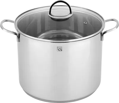 A stainless steel pot with a glass lid.