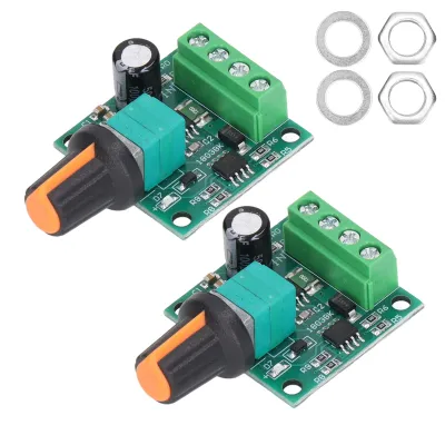 Two electronic modules with potentiometers and screw terminals, along with two nuts and washers.