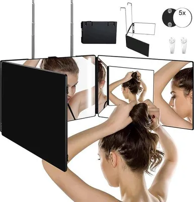 Productafbeelding van Unyqoos® LED-make-upspiegel 360° | Oplaadbaar, 3-voudig, in hoogte verstelbaar tot 21 inch, ophangbaar & draagbaar – Verlichte make-up-, haar- en scheerspiegel