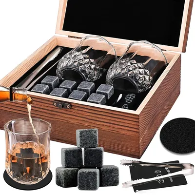 Whisky-Steine Geschenkset: 8 Granitsteine + 2 Kristallgläser