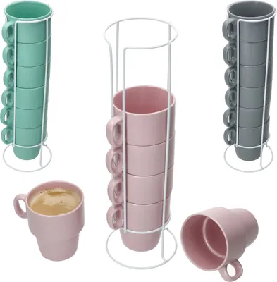 Zdjęcie produktu dla Stata 6x kubek do kawy z podstawką 250ml różowy kubek z uchwytem porcelana sztaplowana