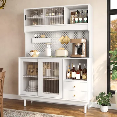 Produktbild von Flieks Küchenschränke mit Riffelglas-Schiebetüren, Kiefernholz Füßen, Schubladen und offenen Fächern, Hochschrank Sideboard 117x30x170cm, Weiß