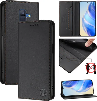 Image de Étui en cuir pour Samsung Galaxy A6 2018, étui à rabat avec fentes pour cartes, portefeuille et support Noir