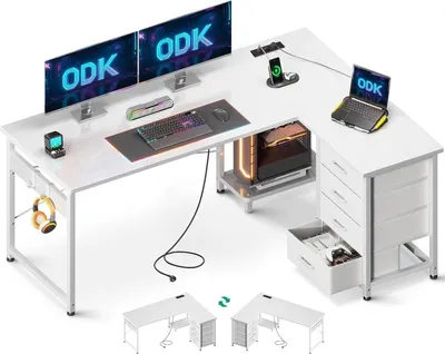 Immagine prodotto di ODK Scrivania angolare a L con cassetti, prese e USB, bianco 135 × 100 cm