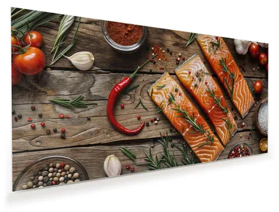 Produktbild von Glasbild 100x50cm in XXL für Wohnzimmer, Schlafzimmer Motiv Lachsfilets