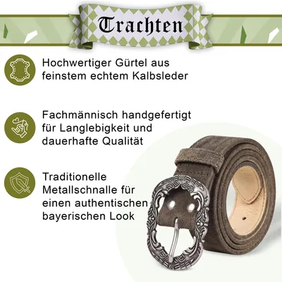 Produktbild von Herren Trachtengürtel aus Echtleder Trachten Lederhosen Gürtel mit Trachten Schnalle, Größe:54-56, Farbe:Antikbraun