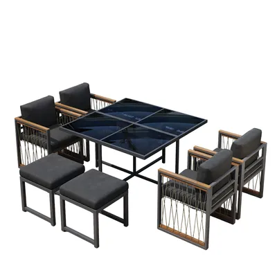 Produktbild von Merax Gartenmöbel Set 7-teilig mit 4 Sesseln & 2 Hockern, Sitzgruppe aus Polyrattan, Essgruppe mit Akazienholz, verzinkten Eisenrahmen & Glasplatte