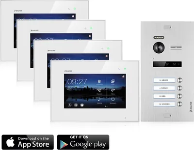 Produktbild von Video Türsprechanlage mit Smartphone App für 4 Familienhaus, Schwarz, 4x Monitore, Balter EVO WLAN