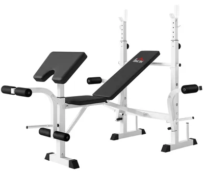 Zdjęcie produktu dla Ławka do wyciskania, wielofunkcyjna ławeczka z obciążeniem dla nóg, podpórka na biceps, podpórka na sztangę, stal, kolor czarny i biały | 6-stopniowa regulacja | 180x134x136 cm