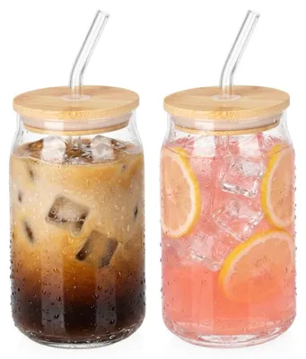 Immagine prodotto di Tazze in vetro con coperchi in bambù e cannucce, 460 ml, set da 2