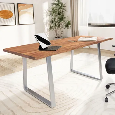 Produktbild von FineBuy Schreibtisch Akazie Massivholz / Metall Computertisch Baumkante Homeoffice Bürotisch Massiv mit Trapezbeinen in Chrom Holztisch Laptoptisch