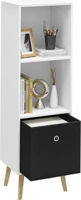 Immagine prodotto di Happyment Libreria moderna - 3 livelli - Con cassetto - Bianco/Nero - 36x30x114 cm - Libreria per soggiorno, camera da letto e cameretta dei bambini - Legno MDF