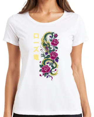 Produktbild von ローズ竜 Japanischer Drache Rosen Tattoo Rose Dragon Japan Y2K Irezumi Damen T-Shirt, Weiß, XXL