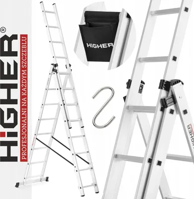Zdjęcie produktu dla Drabina aluminiowa uniwersalna wysuwana 3x8 HIGHER z opcją na schody 150kg + hak i torba